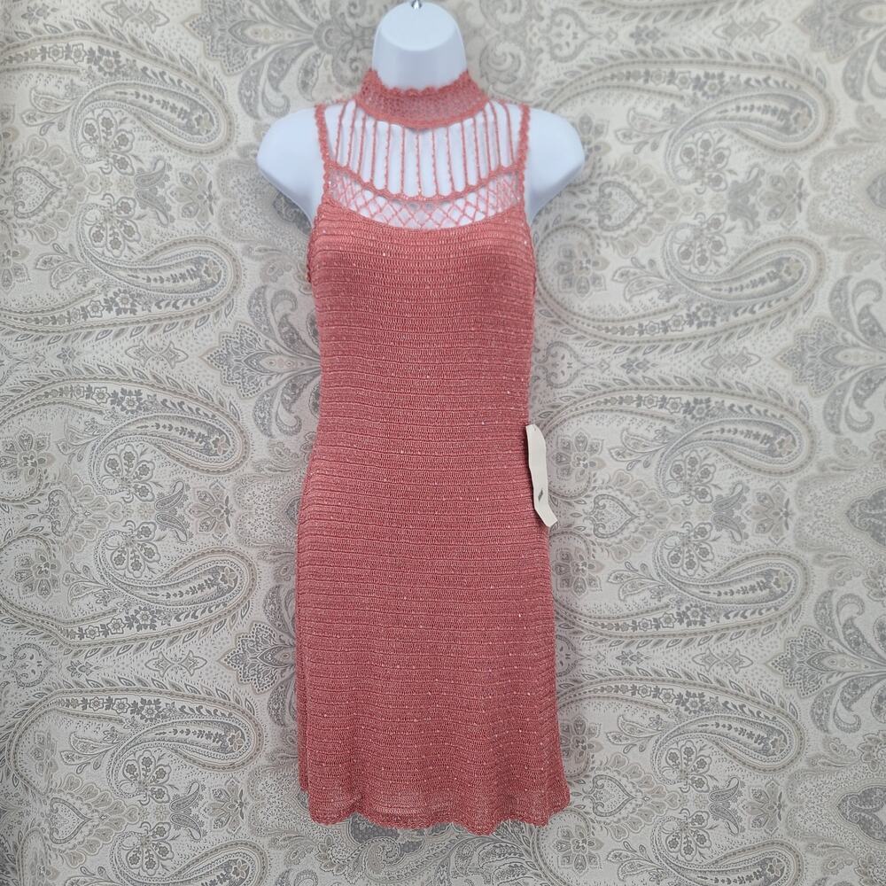 Basix II womens pink crochet beaded halter top dress Size Small Cocktail Party - Picture 2 of 14